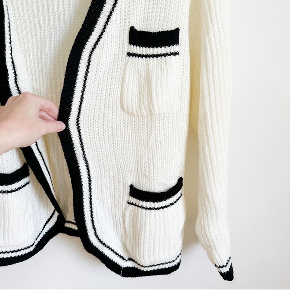 Preppy Classic White Black Varsity Open Cardigan Sweater sz Small - Picture 10 of 11